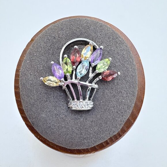 VTG Sterling Silver 925 Multi-Gemstone Flower Basket Pendant Size 0.75" Length - Picture 2 of 11